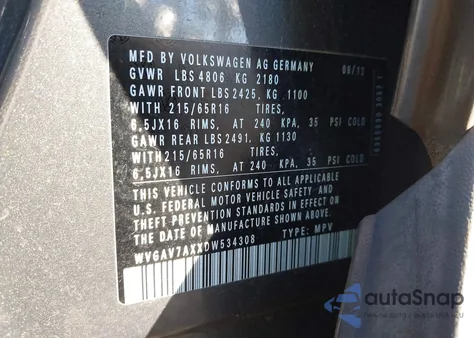 2013 Volkswagen Tiguan S из США, поврежденный, VIN WVGAV7AXXDW534308